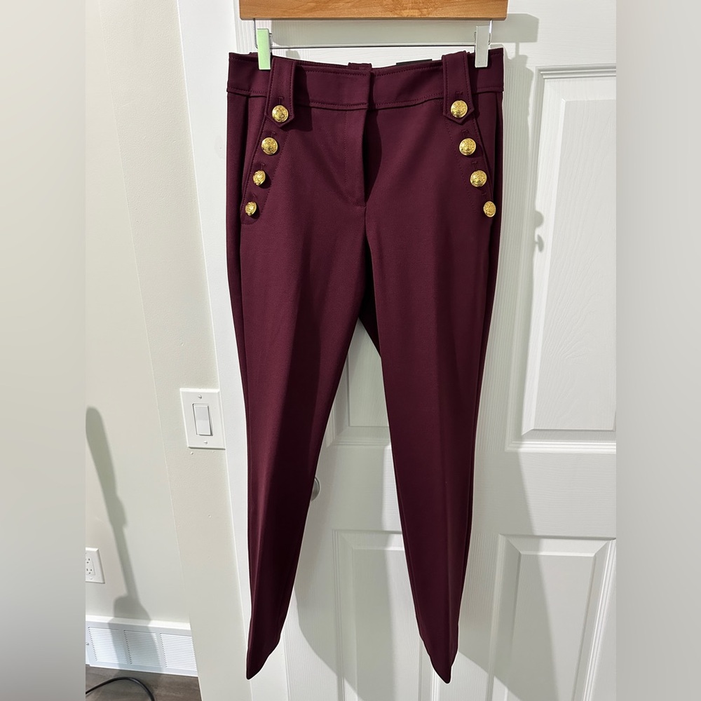 NWT WHBM Purple Jolie Gold Button Straight Luxe Stretch Pants, Size 6 Long Tall